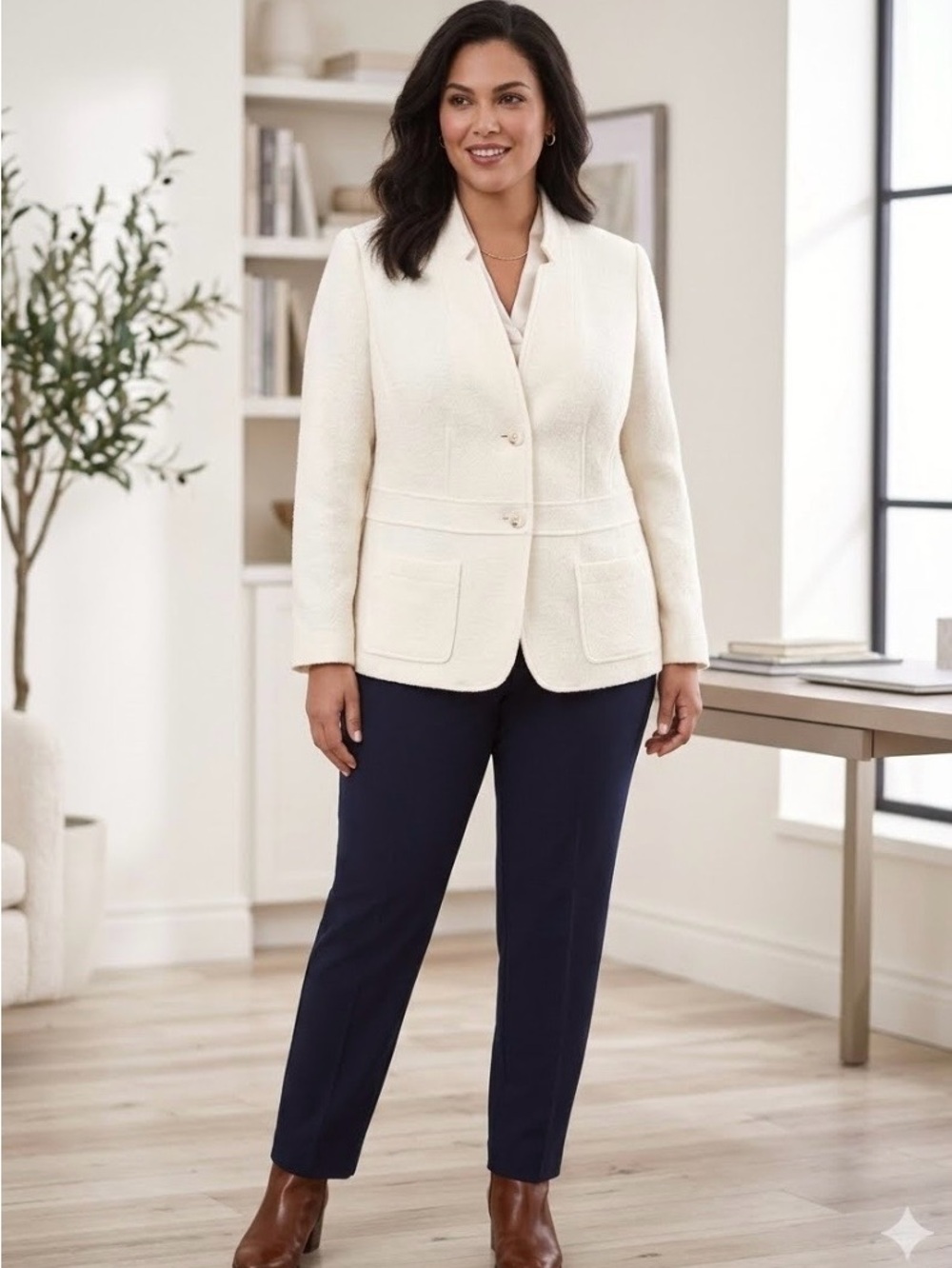 Talbots Cream Textured Two-Button wool blazer coat